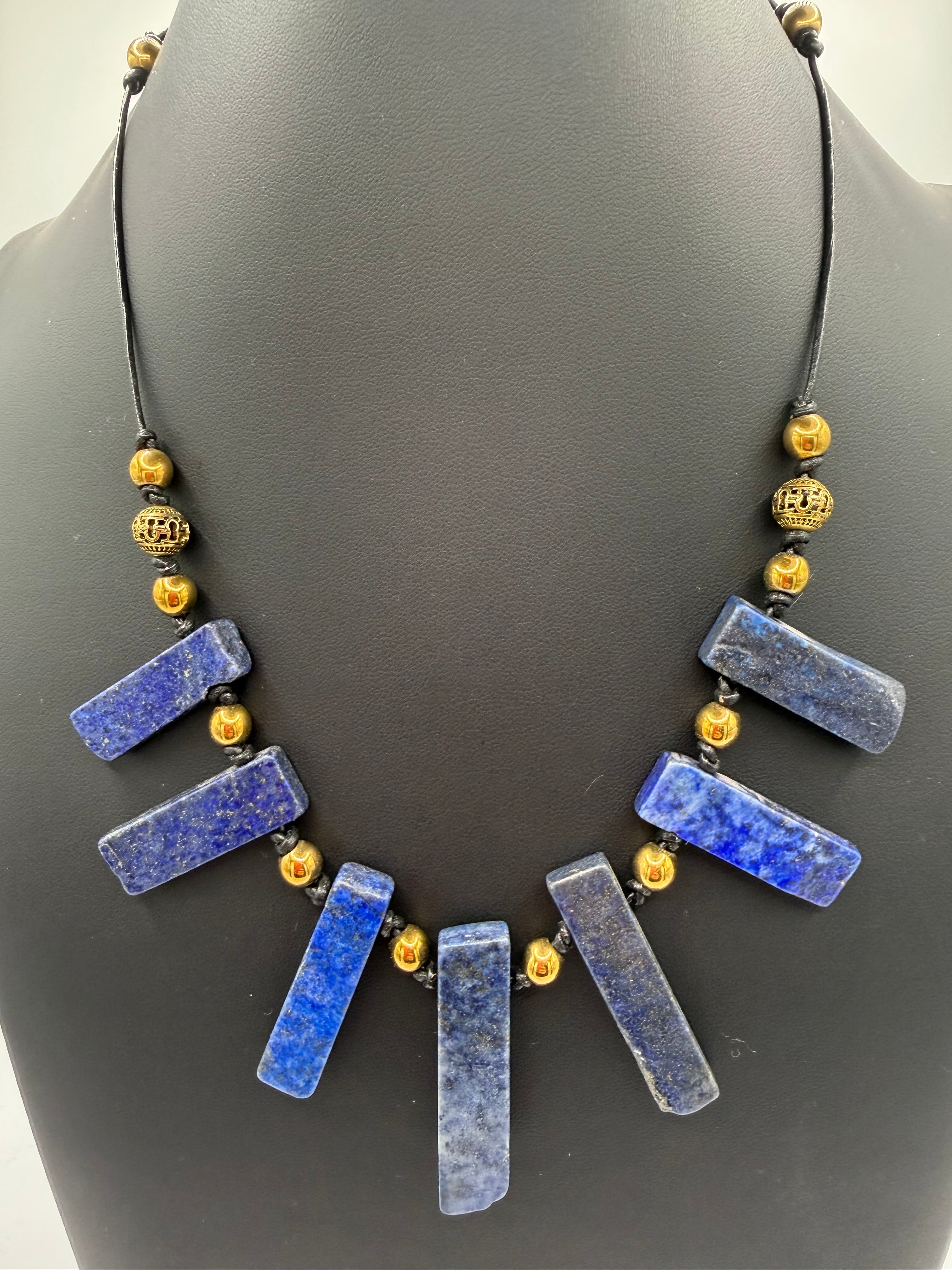 Lapis Lazuli Statement Necklace With Pyrite Gold Beads, Boho Artisan