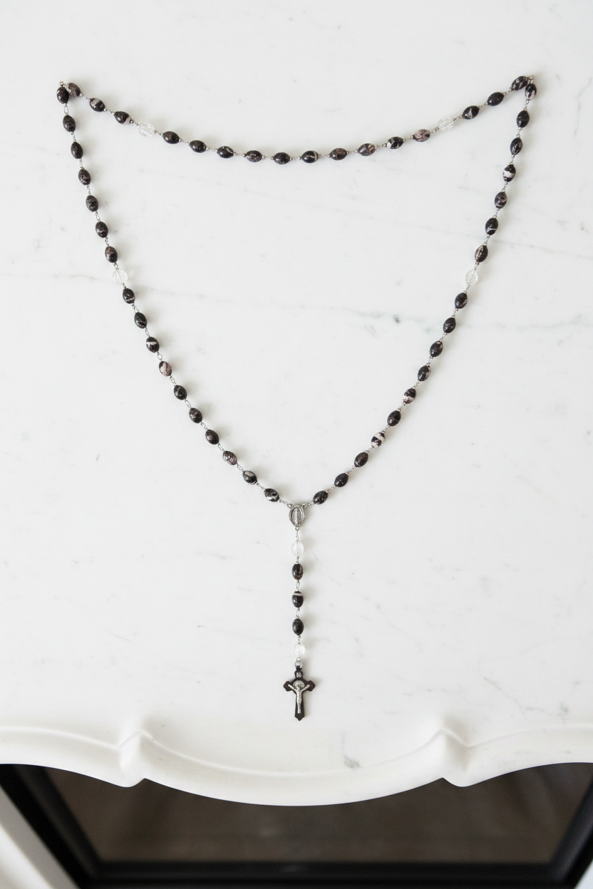 The Heirloom Wall Rosary – 38-Inch Vintage Black Marble Jasper & Clear Quartz