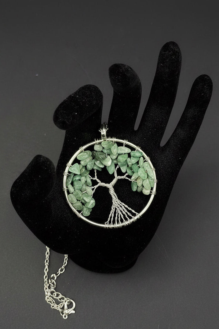 Wire Wrapped Green Aventurine Tree of Life Pendant Necklace • Silver Chain Boho Jewelry