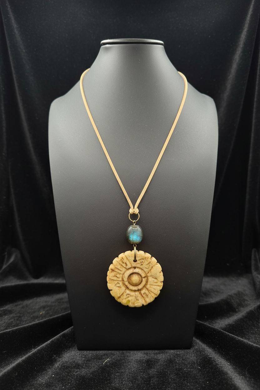 Handcrafted Bohemian Stone Pendant Necklace | Earthy Carved Disc & Agate Bead on Suede Cord