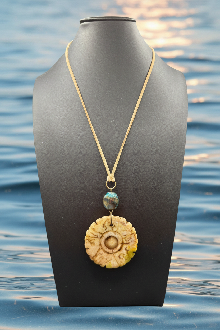 Handcrafted Bohemian Stone Pendant Necklace | Earthy Carved Disc & Agate Bead on Suede Cord