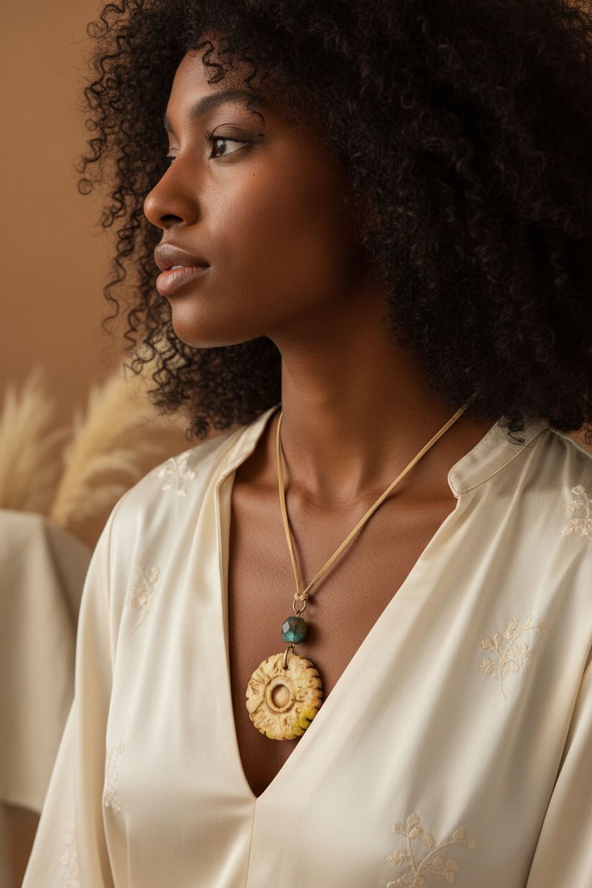 Handcrafted Bohemian Stone Pendant Necklace | Earthy Carved Disc & Agate Bead on Suede Cord