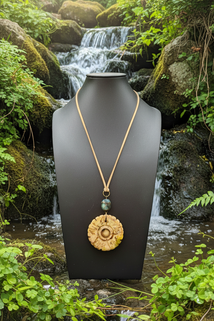 Handcrafted Bohemian Stone Pendant Necklace | Earthy Carved Disc & Agate Bead on Suede Cord