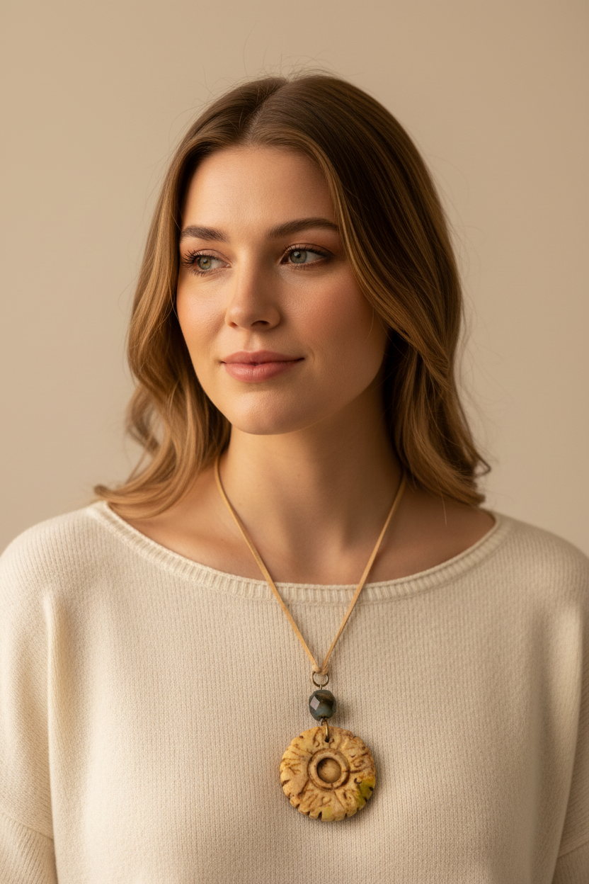 Handcrafted Bohemian Stone Pendant Necklace | Earthy Carved Disc & Agate Bead on Suede Cord