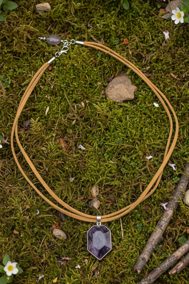 Raw Amethyst Crystal Pendant Necklace | Boho Multi-Strand Cord