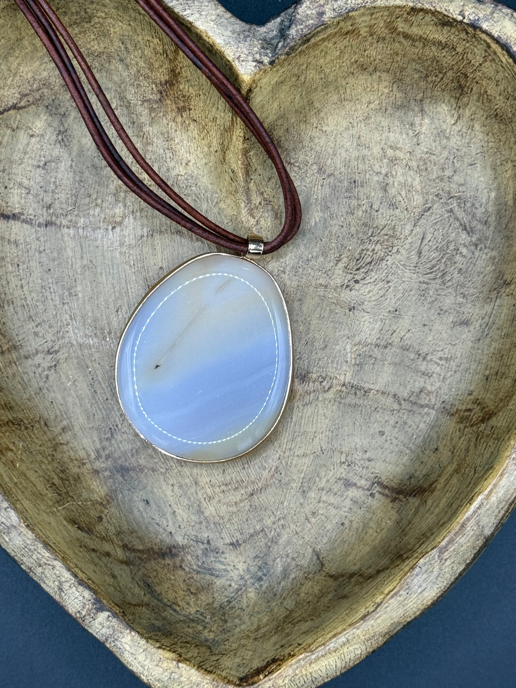 Natural Agate Slice Pendant Necklace | Gold Edged Polished Gemstone | Multi-Strand Brown Leather Cord | Boho Statement Jewelry Gift
