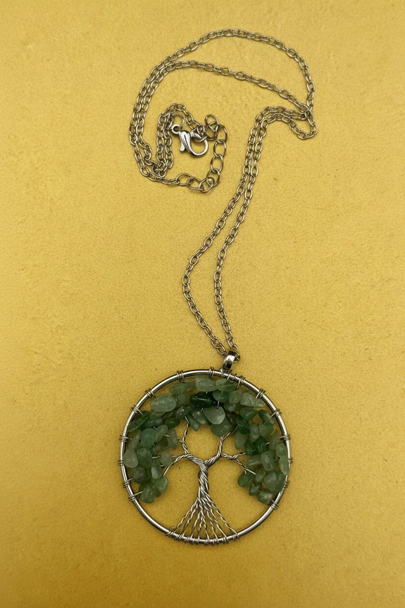 Wire Wrapped Green Aventurine Tree of Life Pendant Necklace • Silver Chain Boho Jewelry