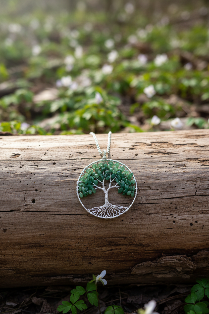 Wire Wrapped Green Aventurine Tree of Life Pendant Necklace • Silver Chain Boho Jewelry