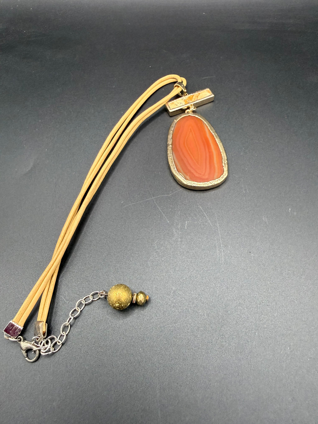 Boho Statement Agate Slice Necklace - Terracotta Orange Stone Pendant on Neutral Cord, Gold Trim, Gift for Her