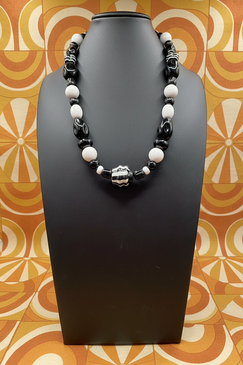 Vintage Monochrome Art Glass Statement Necklace | Black & White Striped Beaded Choker