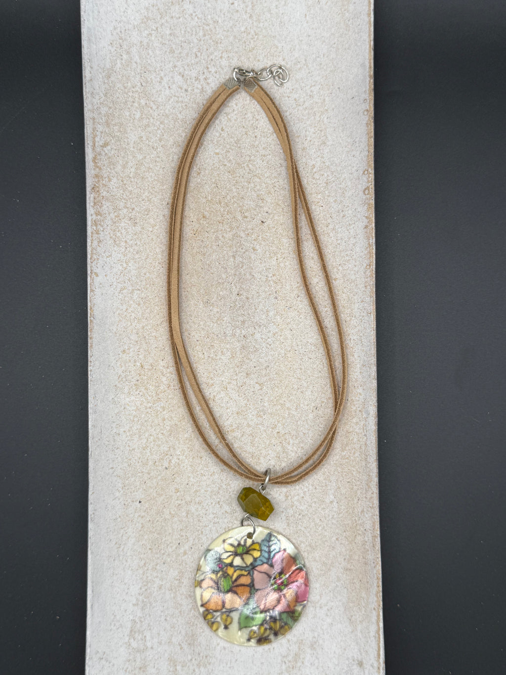 Handmade Floral Pendant Necklace, Artisan Illustrative Flower Pendant with Olive Green Gemstone Accent, Nature Inspired Cord Necklace, Whimsical Botanical Jewelry Gift for Her