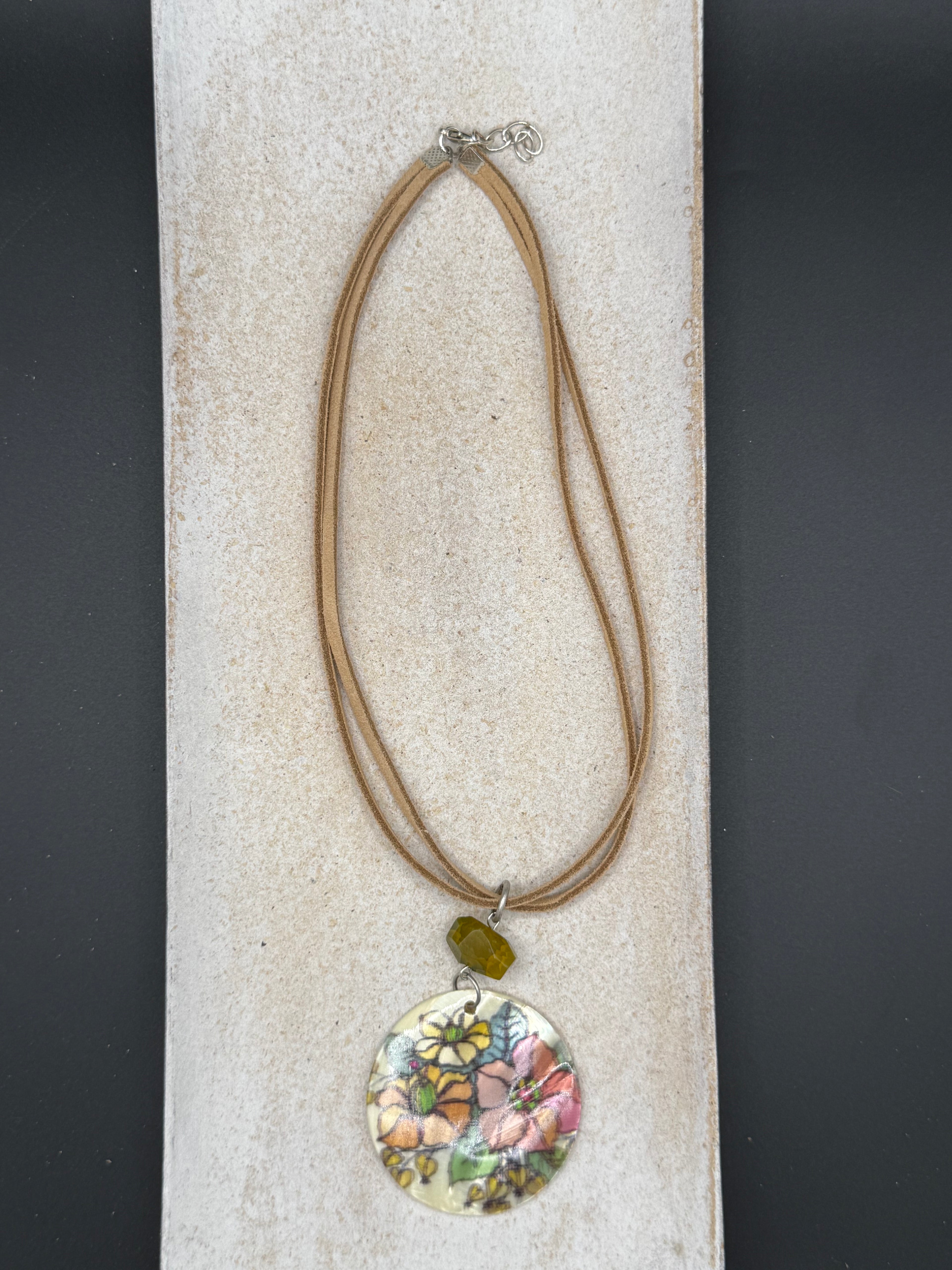 Handmade Floral Pendant Necklace, Artisan Illustrative Flower Pendant with Olive Green Gemstone Accent, Nature Inspired Cord Necklace, Whimsical Botanical Jewelry Gift for Her