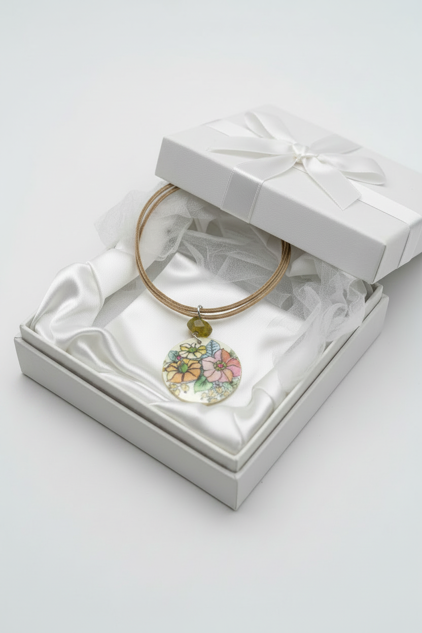 Handmade Floral Pendant Necklace, Artisan Illustrative Flower Pendant with Olive Green Gemstone Accent, Nature Inspired Cord Necklace, Whimsical Botanical Jewelry Gift for Her