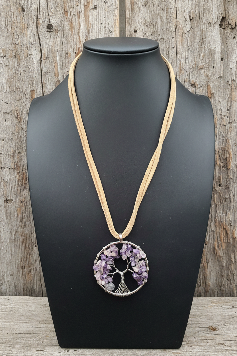 Boho Amethyst Tree of Life Wire Wrapped Pendant Necklace