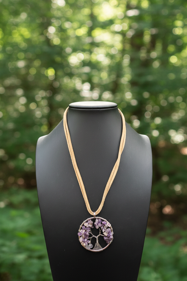 Boho Amethyst Tree of Life Wire Wrapped Pendant Necklace