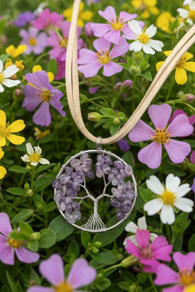 Boho Amethyst Tree of Life Wire Wrapped Pendant Necklace