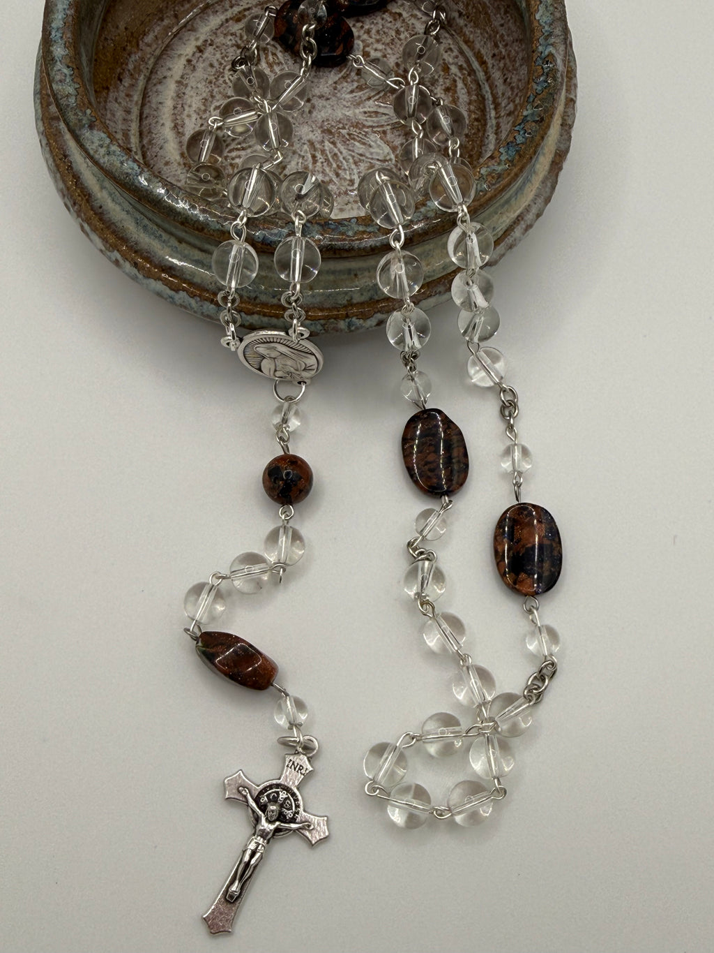 Clear Glass Rosary Featuring Sandstone Accent Bead