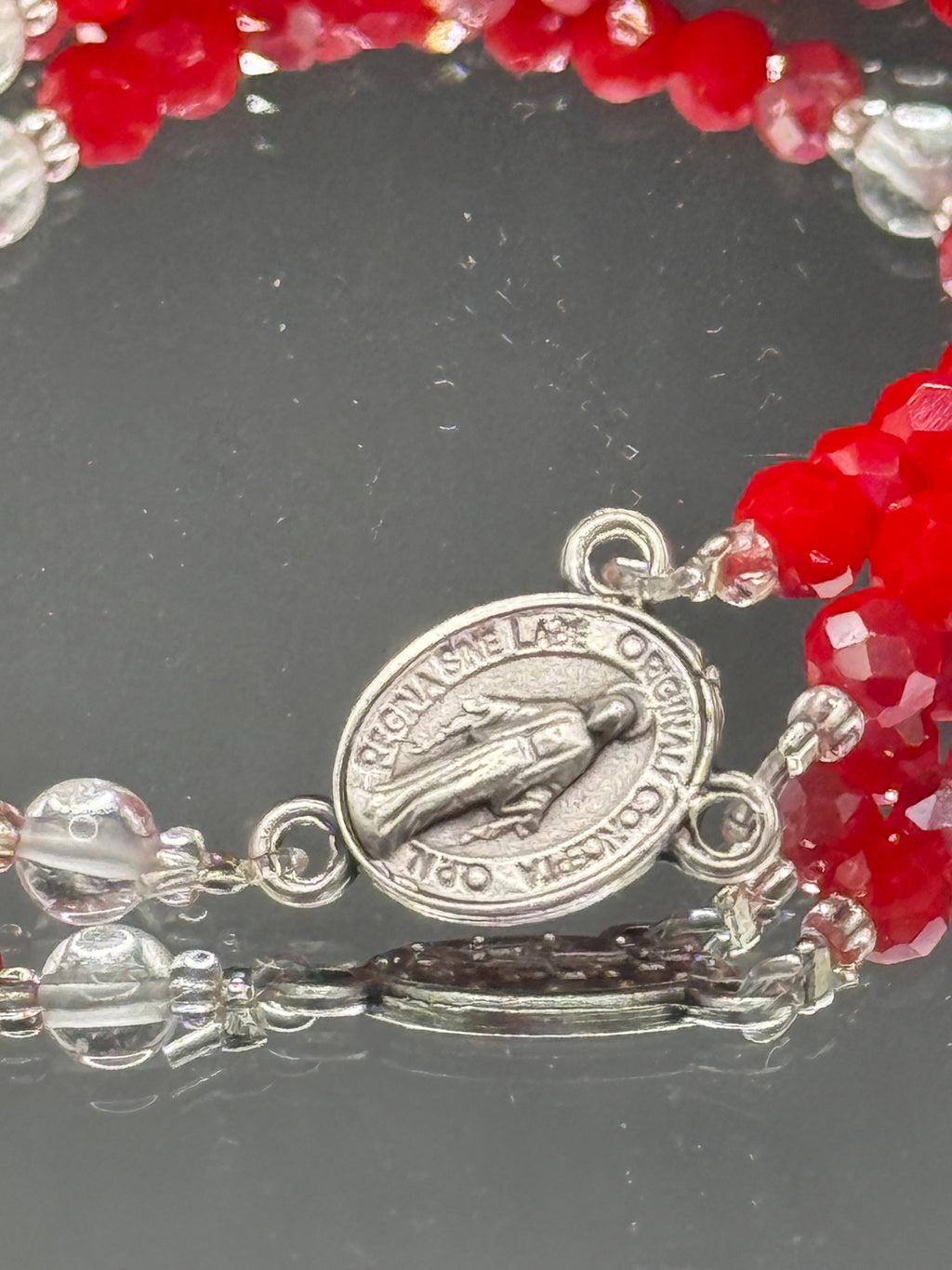 Red Crystal Rosary Bracelet – Miraculous Medal & Silver Crucifix | Handmade Catholic Gift