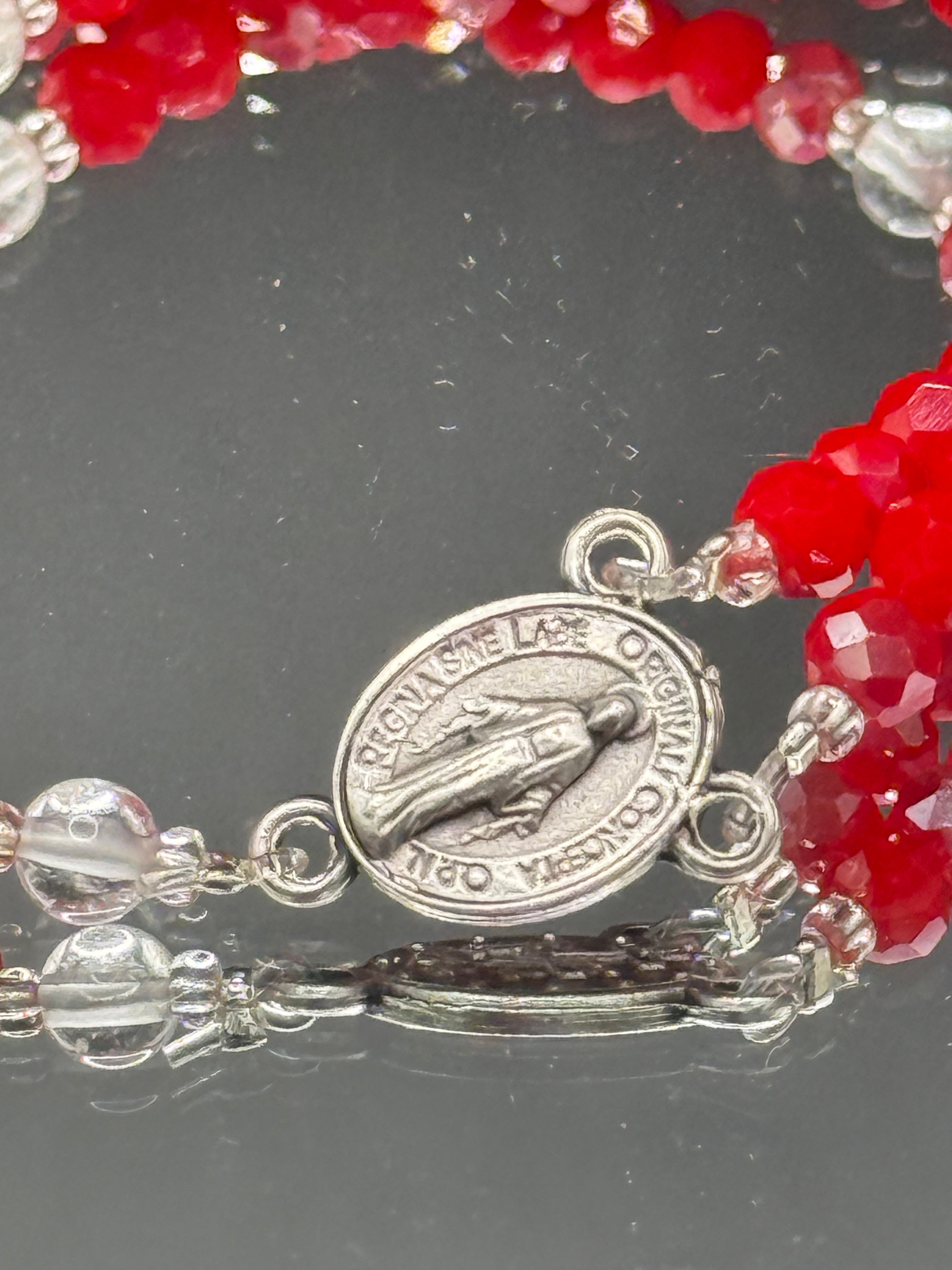 Red Crystal Rosary Bracelet – Miraculous Medal & Silver Crucifix | Handmade Catholic Gift