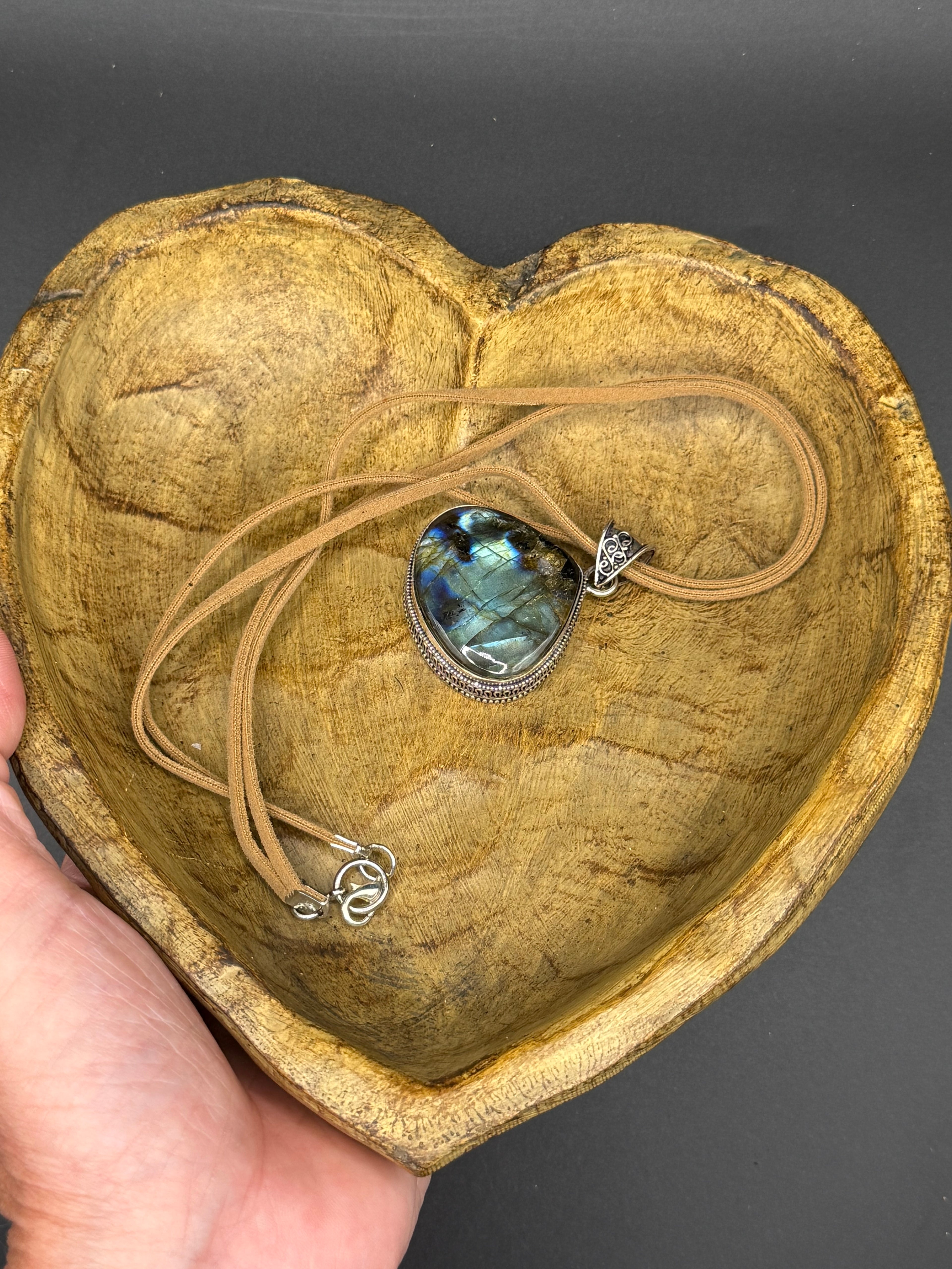 Large Teardrop Labradorite Statement Pendant Necklace – Boho Suede Cord Jewelry