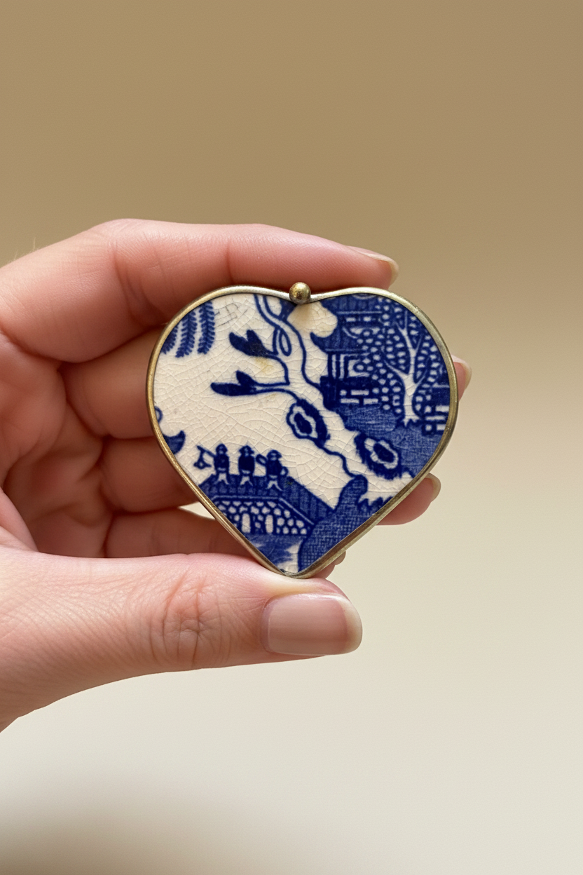 Vintage Blue Willow Broken China Heart Brooch & Pendant – Stamped JAPAN