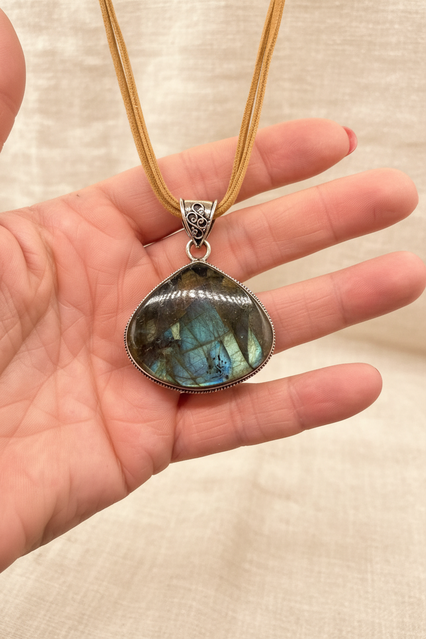 Large Teardrop Labradorite Statement Pendant Necklace – Boho Suede Cord Jewelry