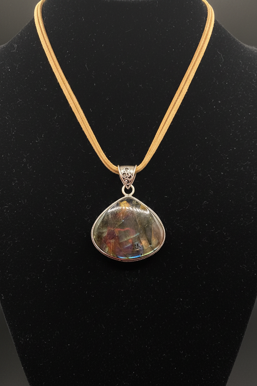 Large Teardrop Labradorite Statement Pendant Necklace – Boho Suede Cord Jewelry