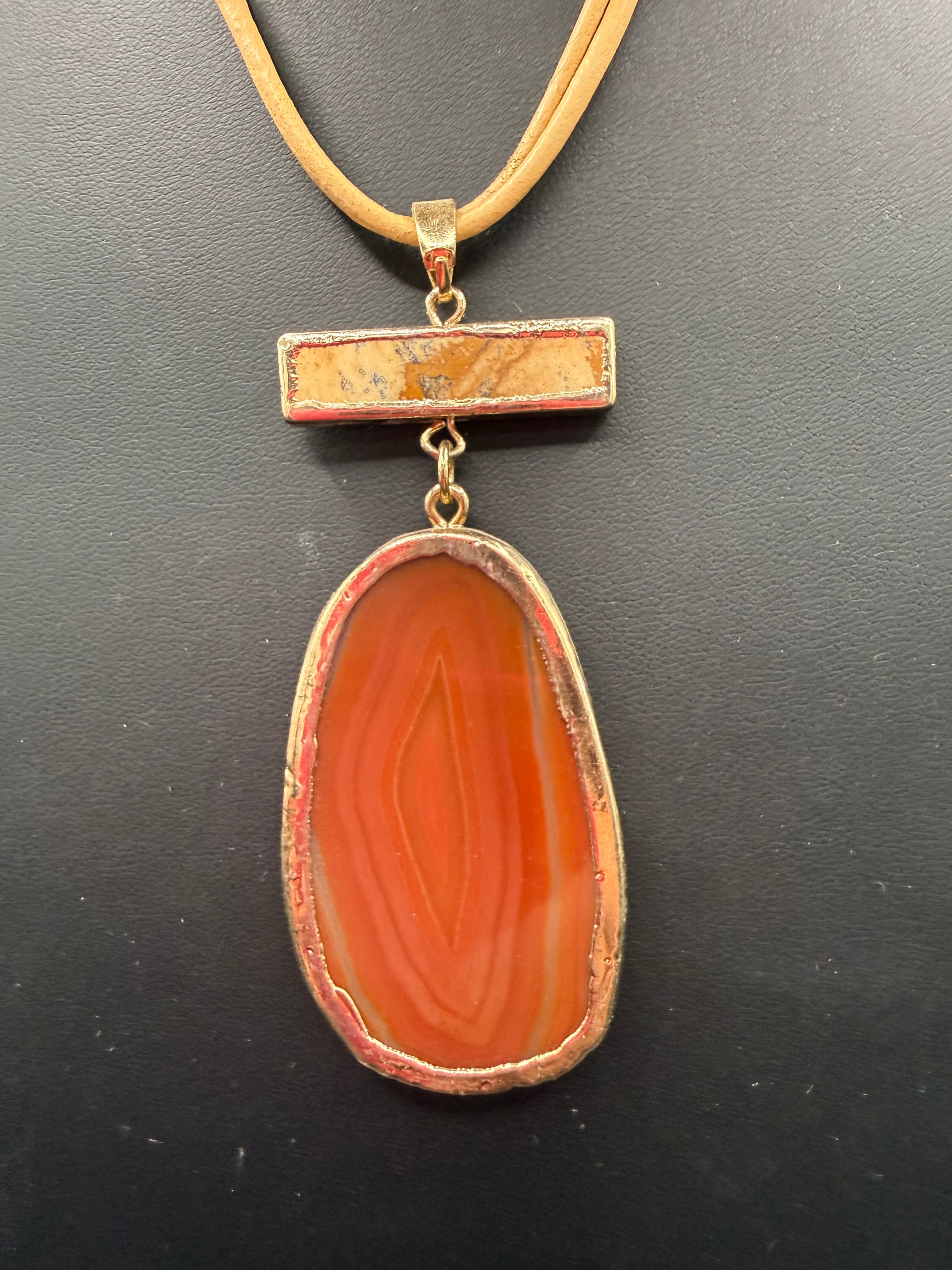 Boho Statement Agate Slice Necklace - Terracotta Orange Stone Pendant on Neutral Cord, Gold Trim, Gift for Her