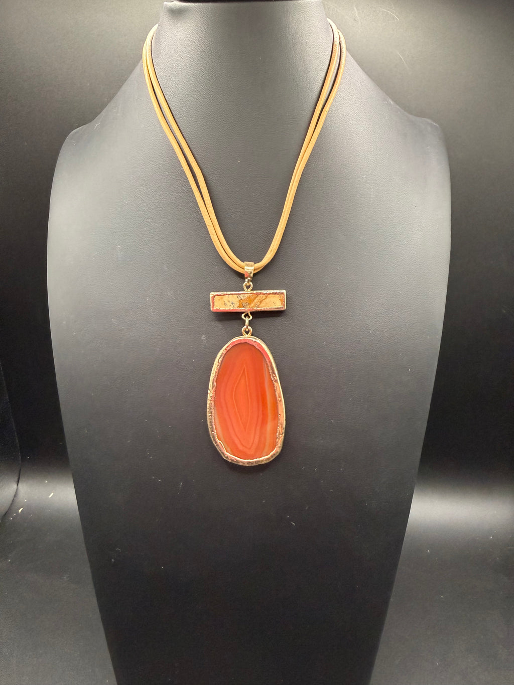 Boho Statement Agate Slice Necklace - Terracotta Orange Stone Pendant on Neutral Cord, Gold Trim, Gift for Her
