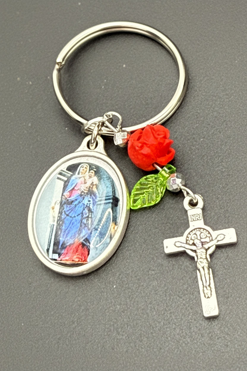 Handmade Catholic Keychain with Our Lady of the Rosary Medal, Crucifix, and Rose Charm