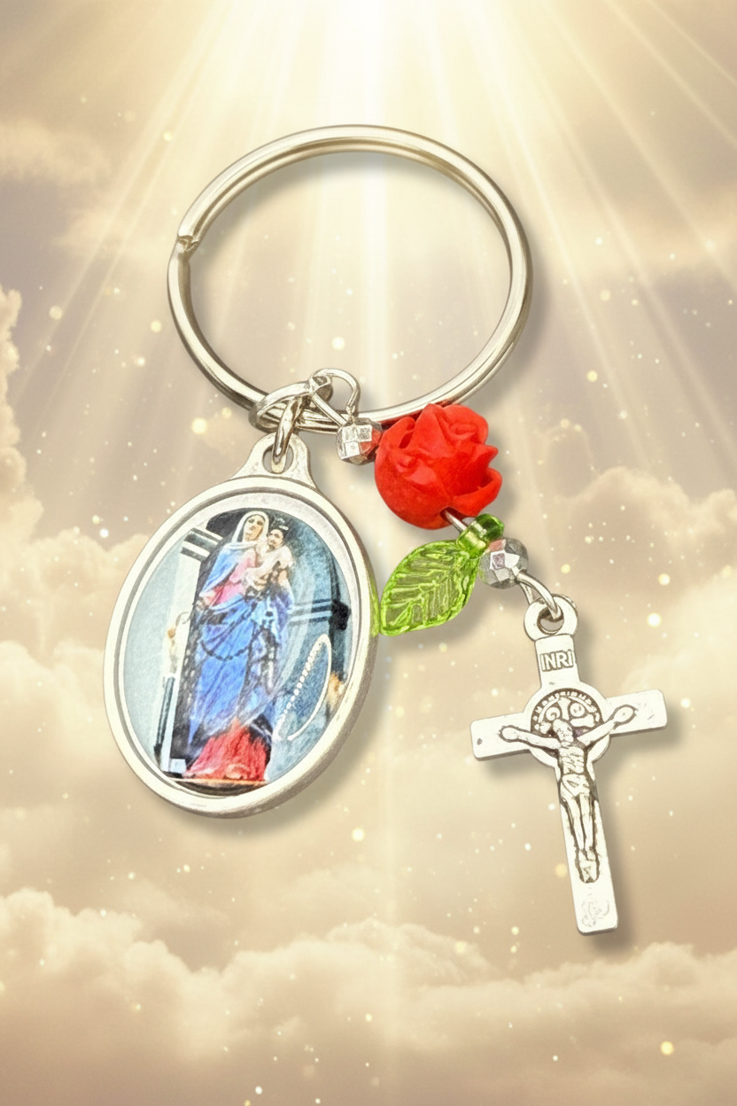 Handmade Catholic Keychain with Our Lady of the Rosary Medal, Crucifix, and Rose Charm