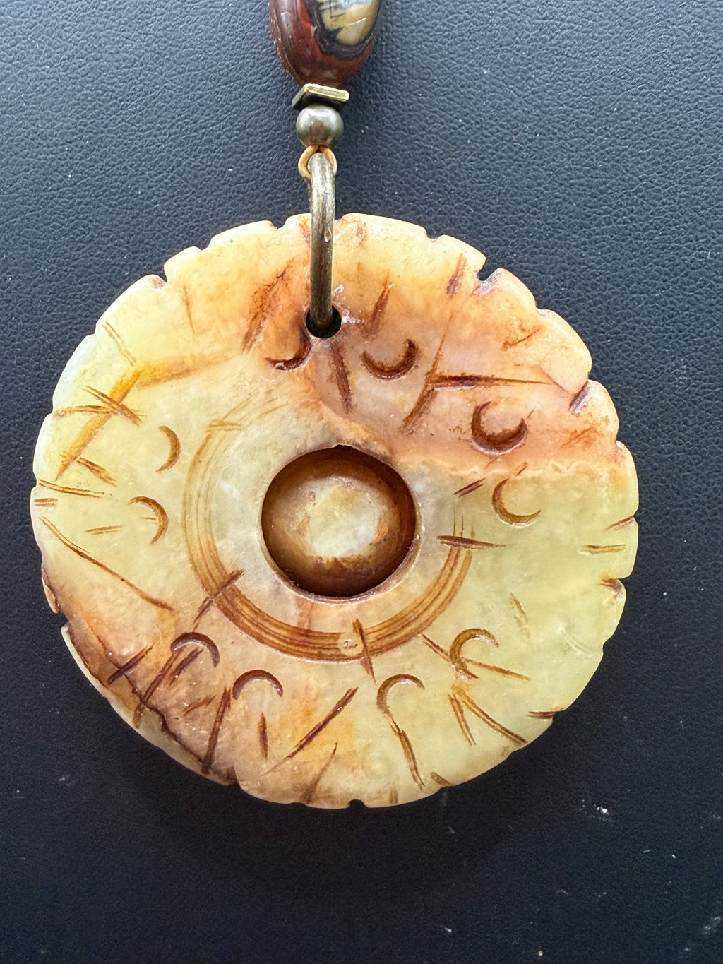 Carved Serpentine Jade Bi Disc Pendant Necklace | Tiger Iron Gemstone Boho Amulet