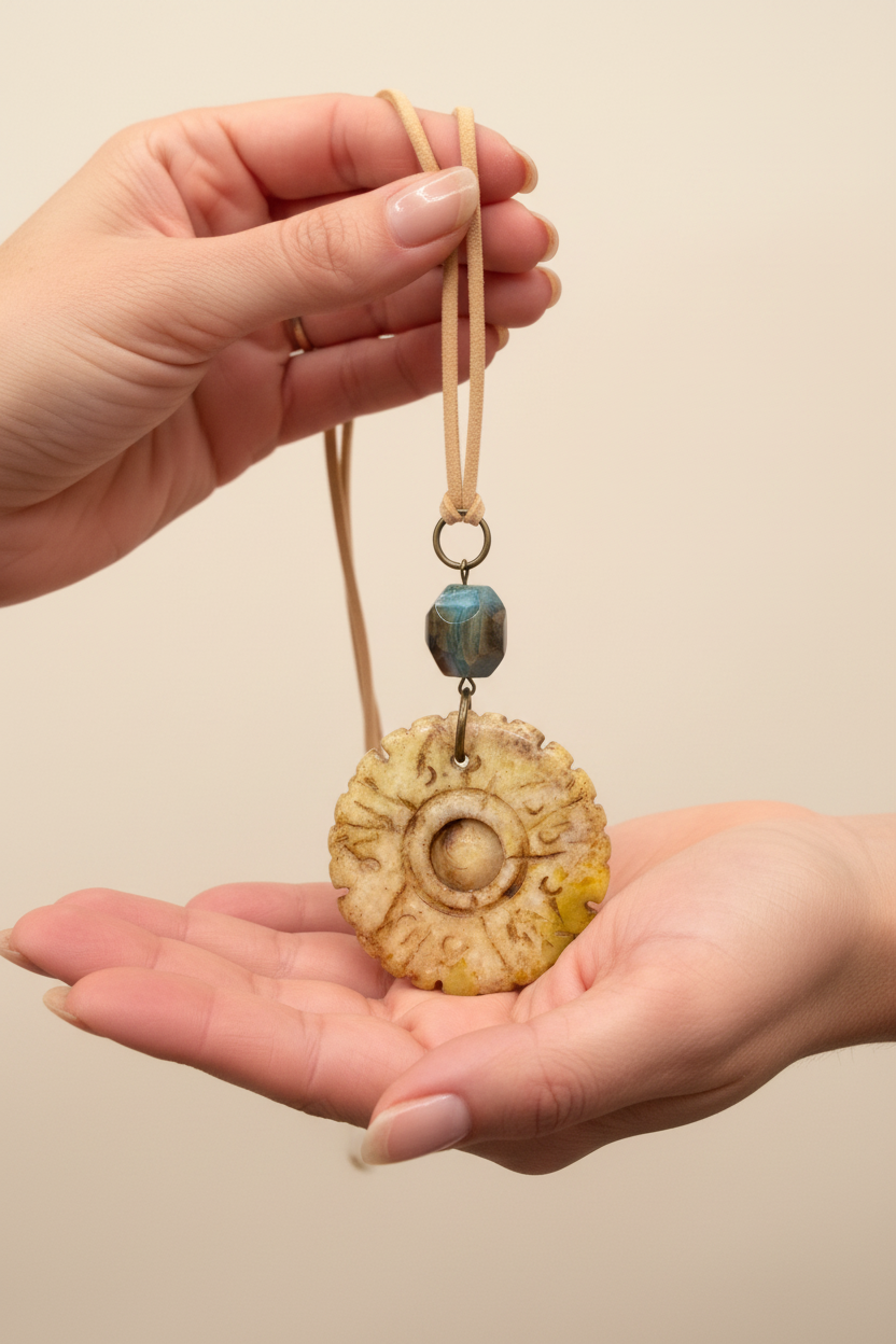 Handcrafted Bohemian Stone Pendant Necklace | Earthy Carved Disc & Agate Bead on Suede Cord
