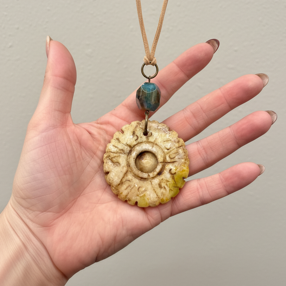 Handcrafted Bohemian Stone Pendant Necklace | Earthy Carved Disc & Agate Bead on Suede Cord