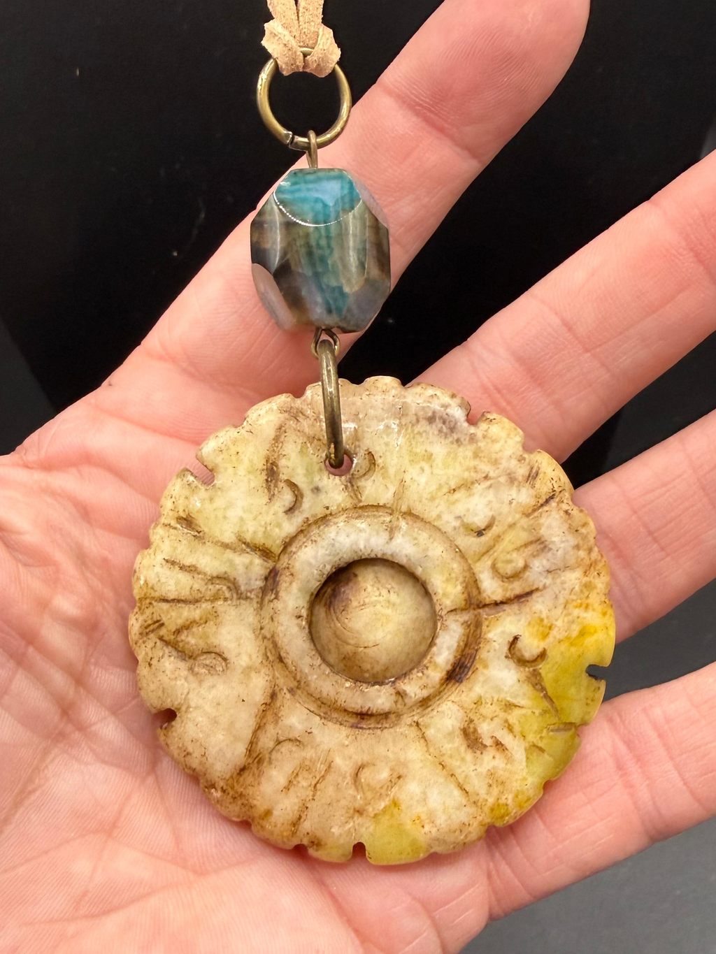 Handcrafted Bohemian Stone Pendant Necklace | Earthy Carved Disc & Agate Bead on Suede Cord