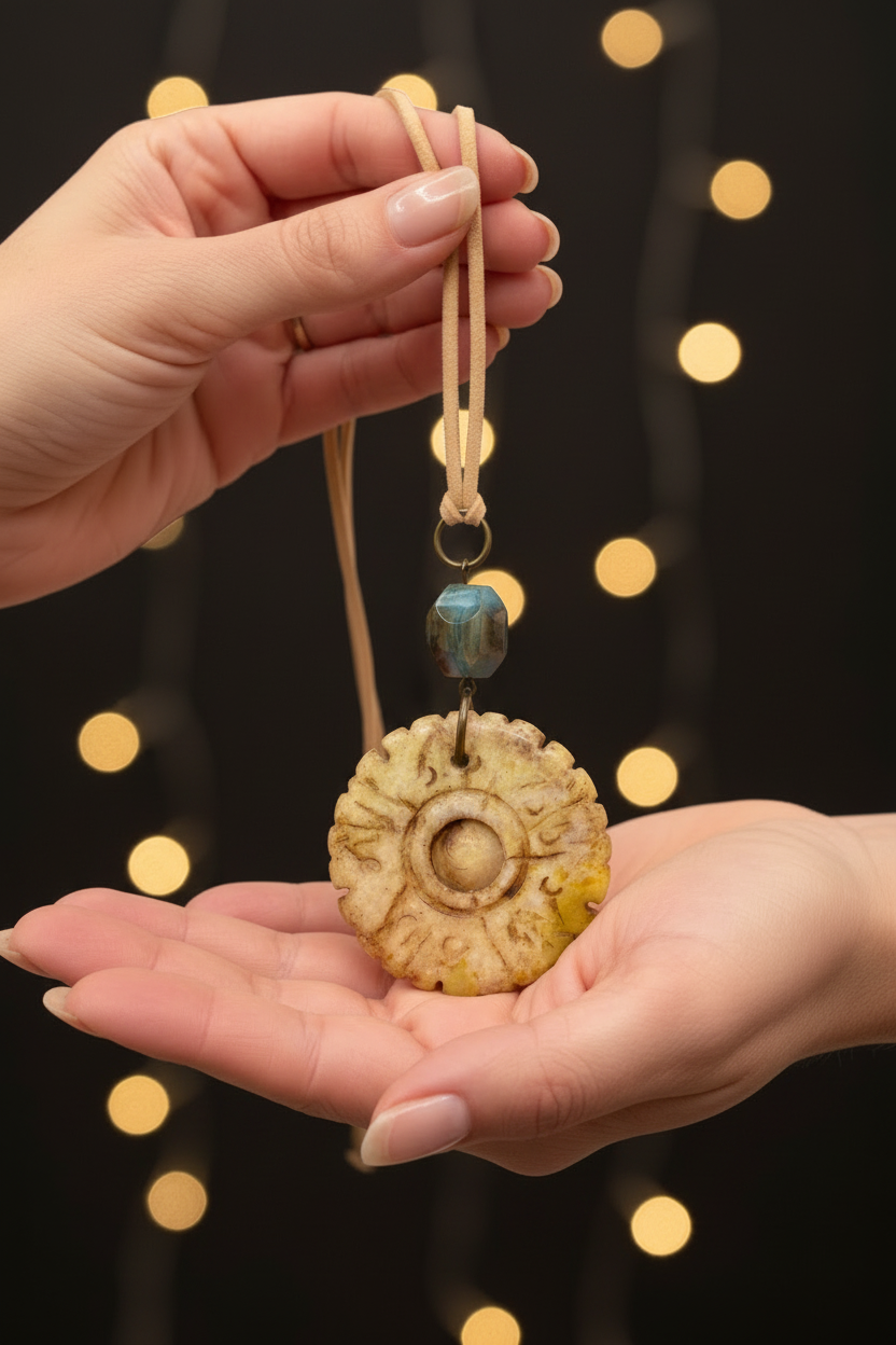Handcrafted Bohemian Stone Pendant Necklace | Earthy Carved Disc & Agate Bead on Suede Cord