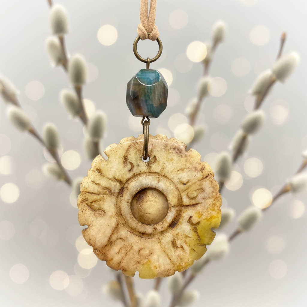 Handcrafted Bohemian Stone Pendant Necklace | Earthy Carved Disc & Agate Bead on Suede Cord