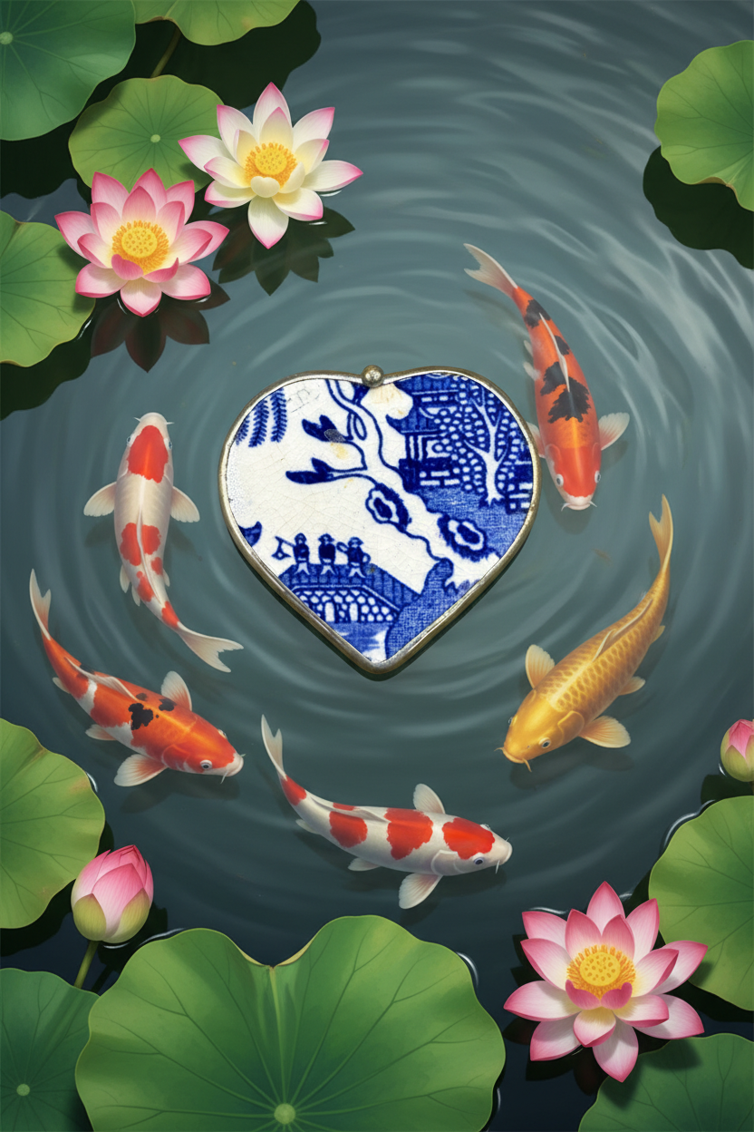 Vintage Blue Willow Broken China Heart Brooch & Pendant – Stamped JAPAN