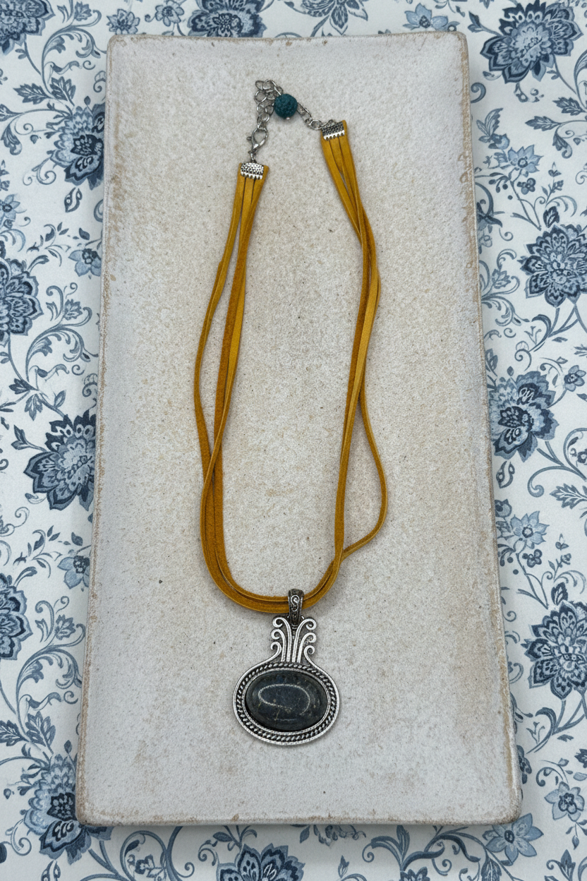 Boho Lapis Lazuli Oval Pendant Necklace, Ornate Silver Framed Blue Gemstone Charm, Double Strand Yellow-Ochre Suede Cord, Tribal Artisan Statement Jewelry