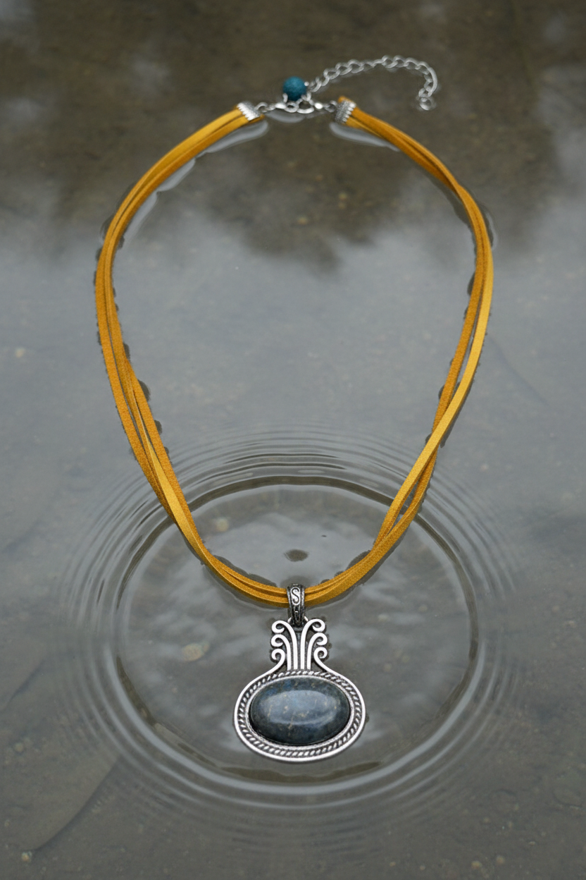 Boho Lapis Lazuli Oval Pendant Necklace, Ornate Silver Framed Blue Gemstone Charm, Double Strand Yellow-Ochre Suede Cord, Tribal Artisan Statement Jewelry