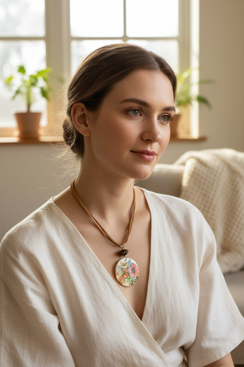 Handmade Floral Pendant Necklace, Artisan Illustrative Flower Pendant with Olive Green Gemstone Accent, Nature Inspired Cord Necklace, Whimsical Botanical Jewelry Gift for Her