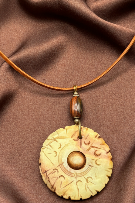 Carved Serpentine Jade Bi Disc Pendant Necklace | Tiger Iron Gemstone Boho Amulet