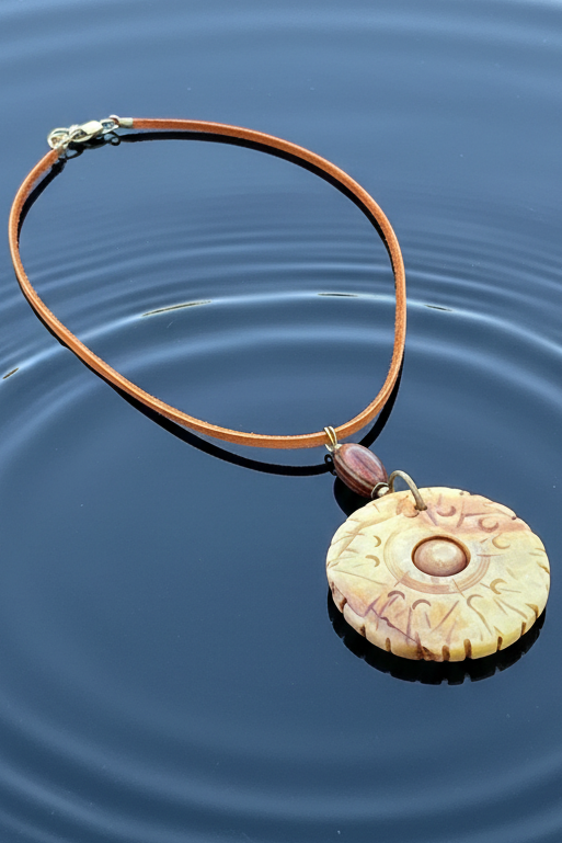 Carved Serpentine Jade Bi Disc Pendant Necklace | Tiger Iron Gemstone Boho Amulet