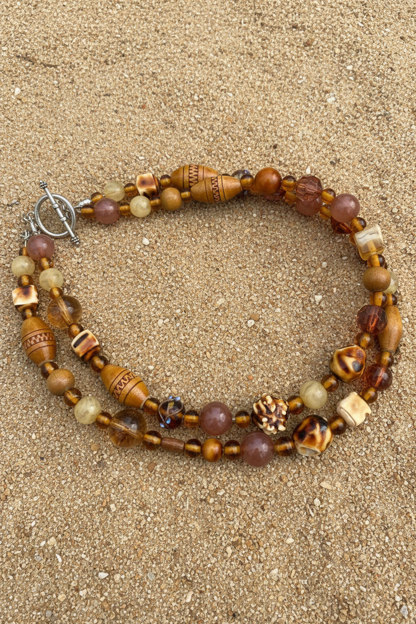 Vintage Layered Amber & Wood Mixed Material Statement Necklace