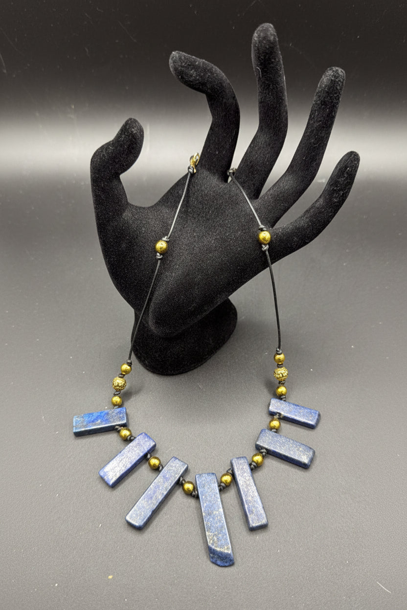 Lapis Lazuli Statement Necklace With Pyrite Gold Beads, Boho Artisan