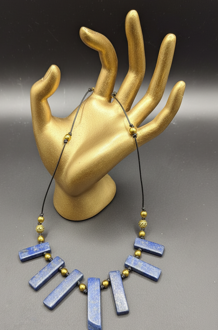 Lapis Lazuli Statement Necklace With Pyrite Gold Beads, Boho Artisan