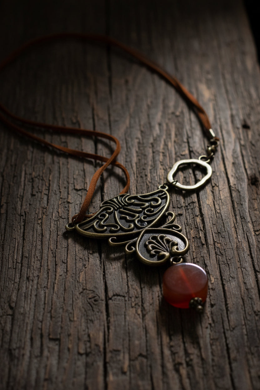 An antique bronze butterfly pendant necklace with an engraved butterfly design, a round amber-red bead drop, and a brown cord, shown on a plain white background.