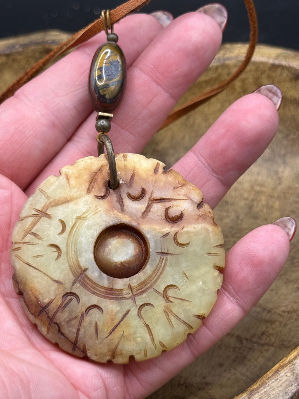 Carved Serpentine Jade Bi Disc Pendant Necklace | Tiger Iron Gemstone Boho Amulet