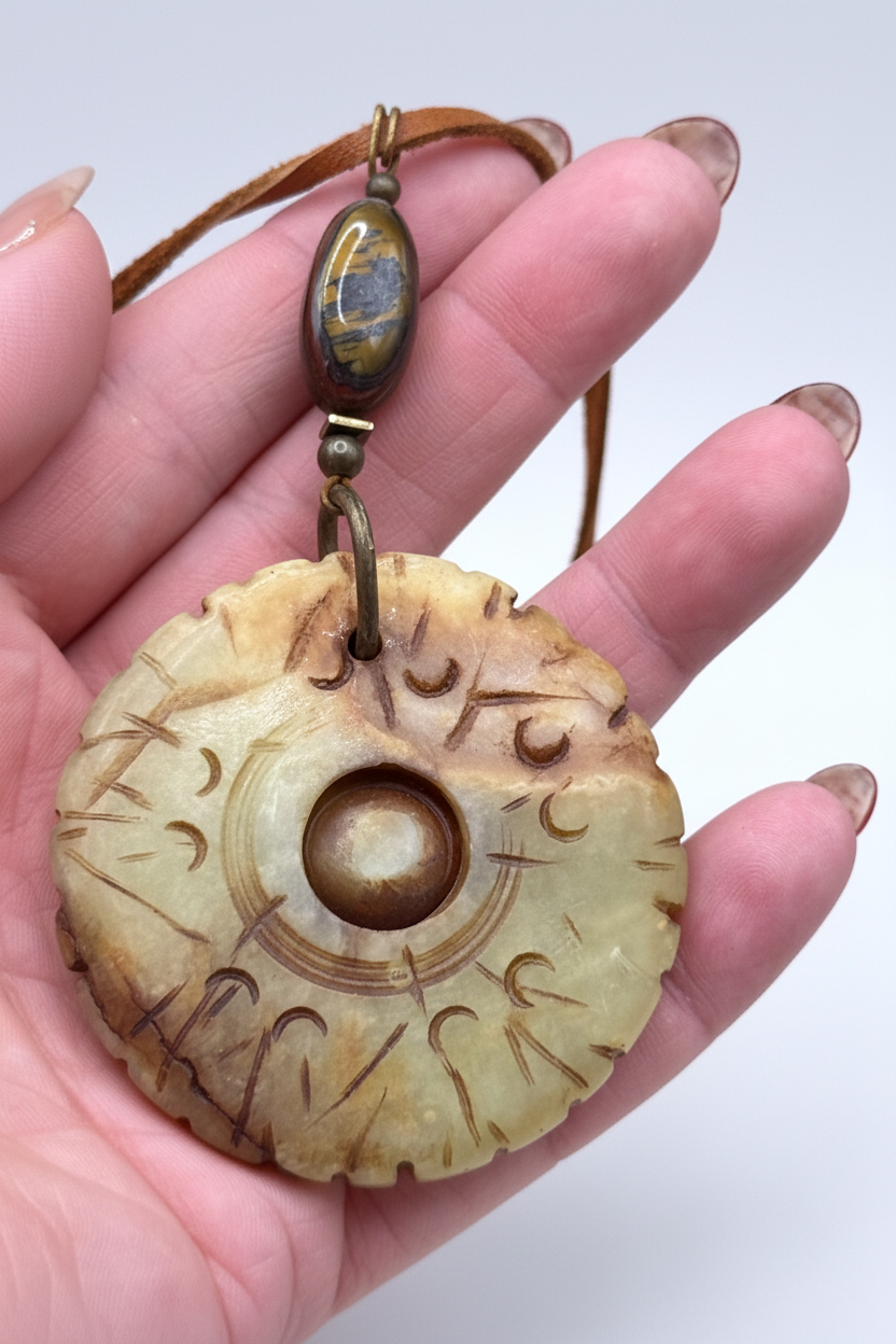 Carved Serpentine Jade Bi Disc Pendant Necklace | Tiger Iron Gemstone Boho Amulet