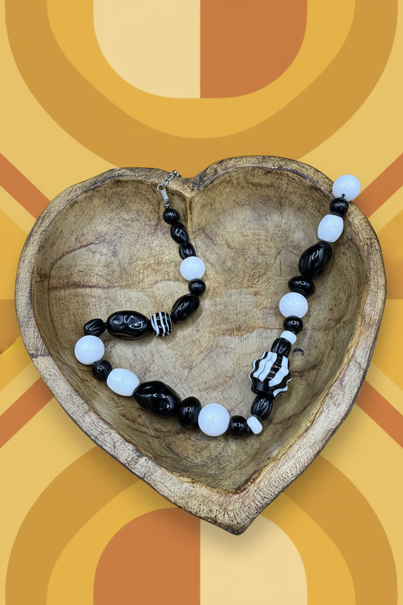 Vintage Monochrome Art Glass Statement Necklace | Black & White Striped Beaded Choker
